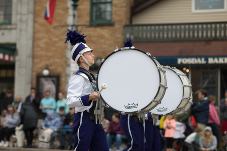 Stoughton, Wisconsin, USA - May 20, 2018: Annual Norwegian Parade, Members of the Stoughton High School Marching band, performing during the paradeのeditorial素材