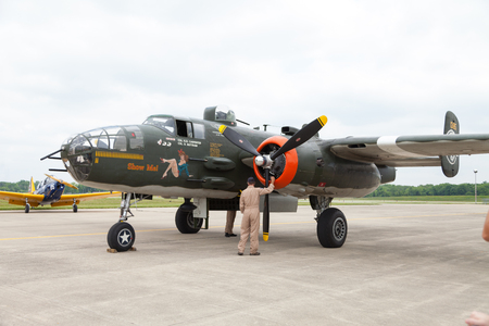 Fishers, Indiana, USA - June 6, 2015: Fishers Airshow, B-25 Mitchell On the tarmac during the airshowのeditorial素材
