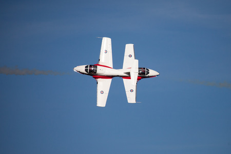 CT-114 Tutor of the Snorbirds canadian forces demostration squadron, performing aerobatics,...