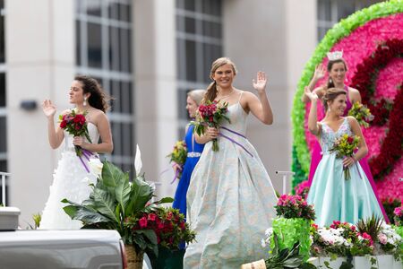 Wilmington, North Carolina, USA - April 6, 2019: The North CarolinaAzalea Festival, Float transporting beauty queens down 3rd street during the Azalea Festival Paradeのeditorial素材