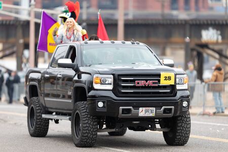 St. Louis, Missouri, USA - March 2, 2019: Bud Light Grand Parade, A GMC truck carrying the mascot of the St Louis Cardinals during the paradeのeditorial素材