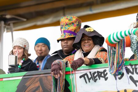 St. Louis, Missouri, USA - March 2, 2019: Bud Light Grand Parade, African american woman dress up as a scarecrow, smiling for the cameraのeditorial素材