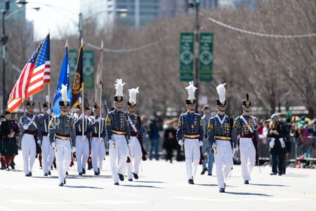 Chicago, Illinois, USA - March 16, 2019: St. Patrick's Day Parade, Members of the Johns Northwestern Military Academy from Delafield, Wisconsin, marching down columbus drのeditorial素材