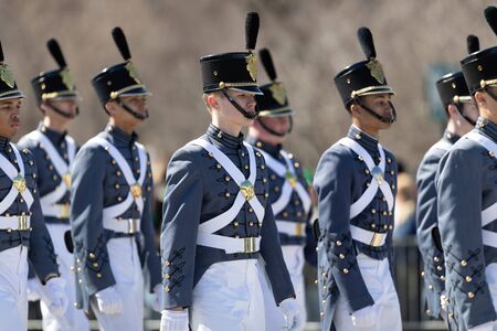 Chicago, Illinois, USA - March 16, 2019: St. Patrick's Day Parade, Members of the Johns Northwestern Military Academy from Delafield, Wisconsin, marching down columbus drのeditorial素材