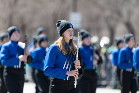 Chicago, Illinois, USA - March 16, 2019: St. Patrick's Day Parade, Members  of the Bartram Trail...