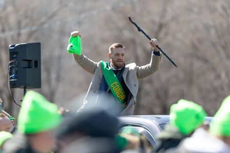 Chicago, Illinois, USA - March 16, 2019: St. Patrick's Day Parade, Conor McGregor, Mixed Martial Artist, being transported down Columbus Driveのeditorial素材