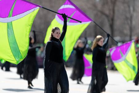 Chicago, Illinois, USA - March 16, 2019: St. Patrick's Day Parade, Onalaska High Shcool Marching Hilltoppers, performing at the paradeのeditorial素材