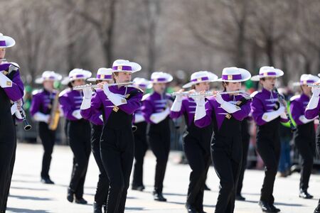Chicago, Illinois, USA - March 16, 2019: St. Patrick's Day Parade, Onalaska High Shcool Marching...