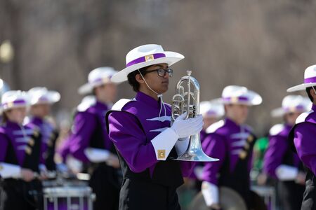 Chicago, Illinois, USA - March 16, 2019: St. Patrick's Day Parade, Onalaska High Shcool Marching Hilltoppers, performing at the paradeのeditorial素材
