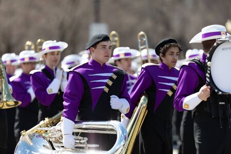 Chicago, Illinois, USA - March 16, 2019: St. Patrick's Day Parade, Onalaska High Shcool Marching Hilltoppers, performing at the paradeのeditorial素材