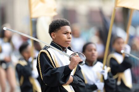 New Orleans, Louisiana, USA - February 23, 2019: Mardi Gras Parade, The Roots Of Music Marching Crusaders Performing at the paradeのeditorial素材