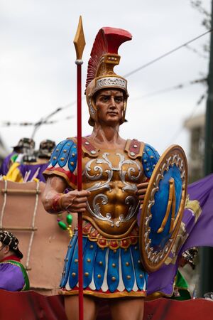 New Orleans, Louisiana, USA - February 23, 2019: Mardi Gras Parade, Float with sculpture of a Roman Warrior, at the mardi gras paradeのeditorial素材