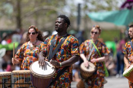 Cleveland, Ohio, USA - June 8, 2019: Parade the Circle, African American man playing the drums...