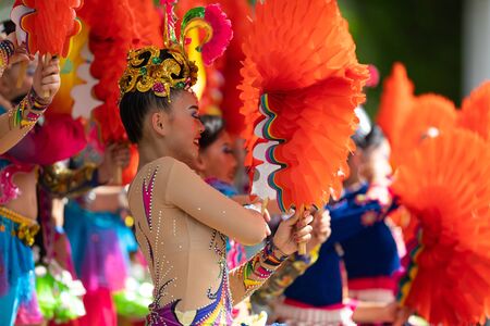 Columbus, Ohio, USA - May 26, 2019: Columbus Asian Festival, Young girls performing Hmong...