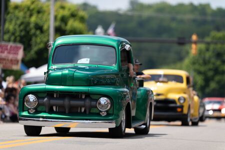 Buckhannon, West Virginia, USA - May 18, 2019: Strawberry Festival, Old Classic Truck, Ford F-1, being driven along Main Street during the paradeのeditorial素材