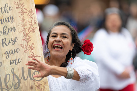 Holland, Michigan, USA - May 11, 2019: Tulip Time Parade, Latinos Promoting My Father's House, Christian Church during the paradeのeditorial素材