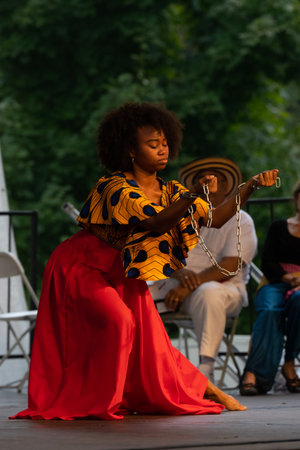 St. Louis, Missouri, USA - August 25, 2019: Festival of Nations, Tower Grove Park, members of the Grupo Atlantico, wearing traditional clothing, performing traditional  dances from Colombiaのeditorial素材