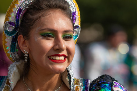 Washington DC, USA - September 21, 2019: The Fiesta DC, Bolivian dancers performing the Dance of the Foremen during the paradeのeditorial素材