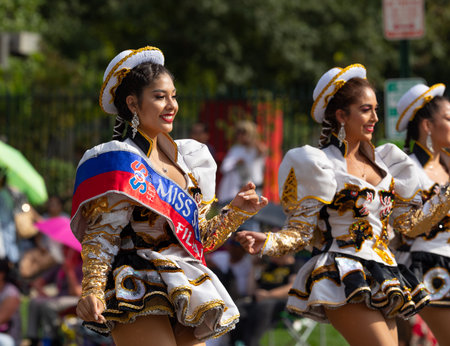Washington DC, USA - September 21, 2019: The Fiesta DC, Bolivian dancers performing the Dance of the Foremen during the paradeのeditorial素材