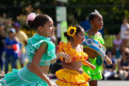 Washington DC, USA - September 21, 2019: The Fiesta DC, peruvian Children dancers performing traditional peruvian Dances during the paradeのeditorial素材
