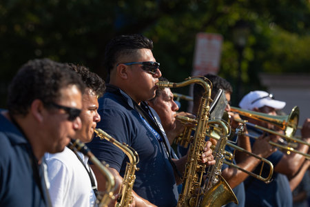 Washington DC, USA - September 21, 2019: The Fiesta DC, Members of the Salvadorean Band performing at the paradeのeditorial素材