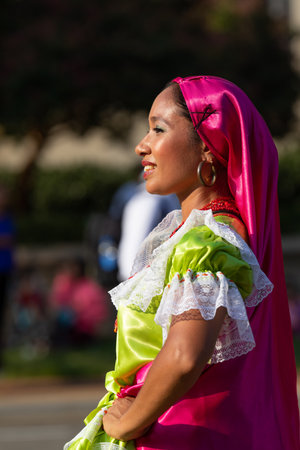 Washington DC, USA - September 21, 2019: The Fiesta DC, Salvadorean dancers wearing traditional clothing, performing Chalatenango traditional dance during the paradeのeditorial素材