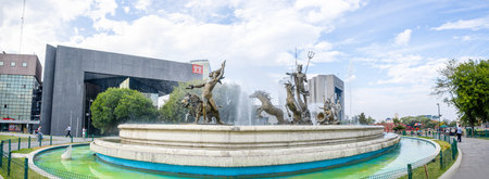 Monterrey, Nuevo Leon, Mexico - November 21, 2019: People enjoying the day at the Neptune fountain,...