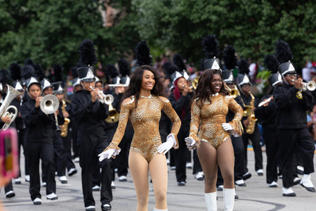 Indianapolis, Indiana, USA - September 28, 2019: The Circle City Classic Parade, Membersa of the Central High School marching Yellow Jackets performing at the paradeのeditorial素材