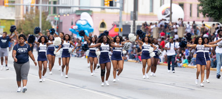 Indianapolis, Indiana, USA - September 28, 2019: The Circle City Classic Parade, Members of the Jackson State University cheerleaders and marching band performing at the paradeのeditorial素材