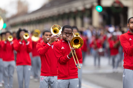New Orleans, Louisiana, USA - November 30, 2019: Bayou Classic Parade, Members of the Booker T. Washington High School marching band performing at the paradeのeditorial素材
