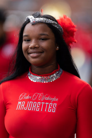 New Orleans, Louisiana, USA - November 30, 2019: Bayou Classic Parade, Members of the Booker T. Washington High School marching band performing at the paradeのeditorial素材