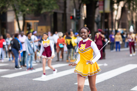 New Orleans, Louisiana, USA - November 30, 2019: Bayou Classic Parade, Members of the McDonogh Senior High marching Roneagles, performing at the paradeのeditorial素材