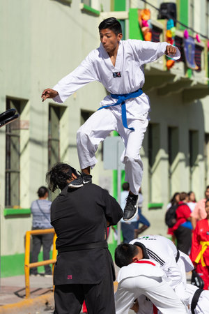 Matamoros, Tamaulipas, Mexico - November 20, 2019: The Mexican Revolution Day Parade, Men performing a martial arts display at the paradeのeditorial素材