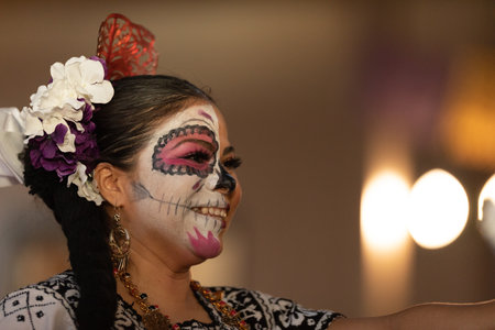 Indianapolis, Indiana, USA - November 2, 2019: Day of the Dead, Mexican woman wearing traditional...
