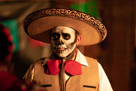 Indianapolis, Indiana, USA - November 2, 2019: Day of the Dead, Man wearing a charro outfit, with a...
