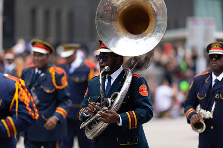 Houston, Texas, USA - November 28, 2019: H-E-B Thanksgiving Day Parade, Members of the Bahama Brass Band, performing at the paradeのeditorial素材
