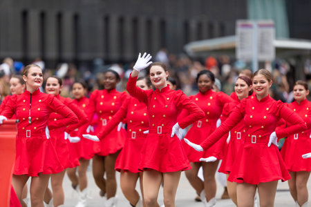 Houston, Texas, USA - November 28, 2019: H-E-B Thanksgiving Day Parade, The Brahmadoras from Bellville High School dance group, performing at the paradeのeditorial素材