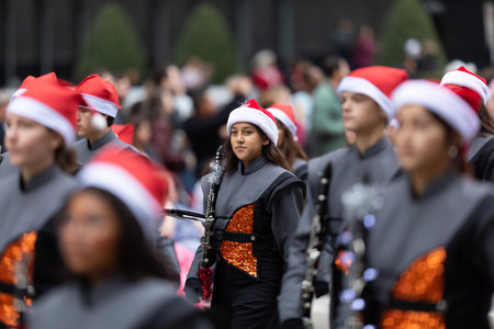 Houston, Texas, USA - November 28, 2019: H-E-B Thanksgiving Day Parade, Members of the High School...