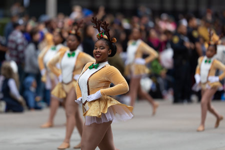 Houston, Texas, USA - November 28, 2019: H-E-B Thanksgiving Day Parade, young women dress up as...