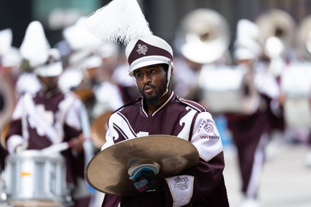 Houston, Texas, USA - November 28, 2019: H-E-B Thanksgiving Day Parade, Members of the Texas Southern University Ocean of Soul Marching Band, performing at the paradeのeditorial素材
