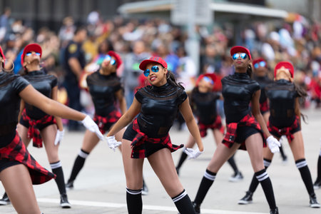 Houston, Texas, USA - November 28, 2019: H-E-B Thanksgiving Day Parade, Santa's elf helpers, on a float, waving and smiling at spectators during the paradeのeditorial素材