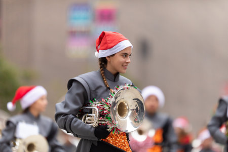 Houston, Texas, USA - November 28, 2019: H-E-B Thanksgiving Day Parade, Members of the High School...
