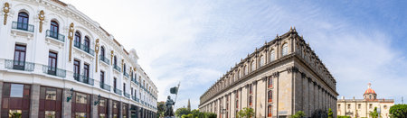 The Civil Courts building, with the Degollado Theatre and the templo de sta Maria de Gracia, as seen from plaza Fundadores, Guadalajara, Jalisco, Mexicoのeditorial素材