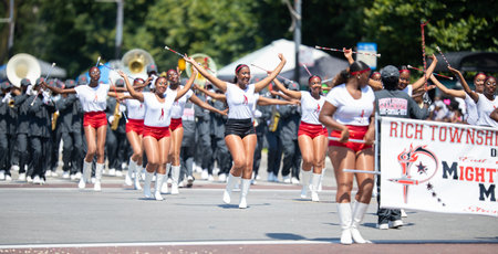 Chicago, Illinois, USA - August 8, 2019: The Bud Billiken Parade, Members of the Rich Township High School, Mighty marching Machine, performing at the paradeのeditorial素材