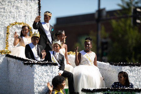 Chicago, Illinois, USA - August 8, 2019: The Bud Billiken Parade, The Royal Court of the Bud Billiken Parade, riding on a float, down the streetのeditorial素材