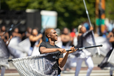 Chicago, Illinois, USA - August 8, 2019: The Bud Billiken Parade, Members of the South Shore Drill...