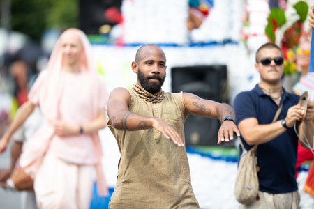 Chicago, Illinois, USA - August 8, 2019: The Bud Billiken Parade, Members of the Iskcon Chicago,...