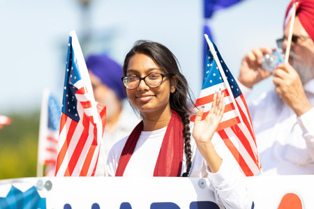 Arlington, Texas, USA - July 4, 2019: Arlington 4th of July Parade, Members of the Sikh commiunity, marching down center street at the paradeのeditorial素材