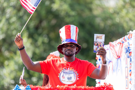 Arlington, Texas, USA - July 4, 2019: Arlington 4th of July Parade, Man promoting Reachout USA Rhapsody of Realitiesのeditorial素材