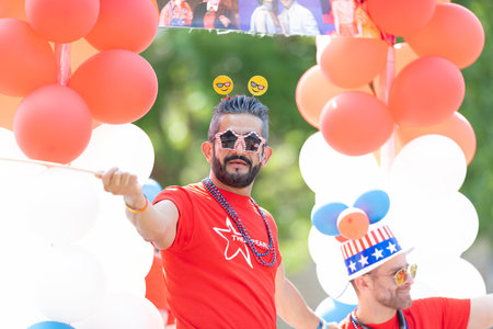 Arlington, Texas, USA - July 4, 2019: Arlington 4th of July Parade, People promoting the Theatre Arlington, at the paradeのeditorial素材